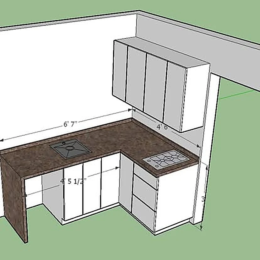 Plano en SketchUp de una cocina en L con las medidas acotadas: 6 pies 7 pulgadas por 4 pies 6 pulgadas, y 3 pies de altura.